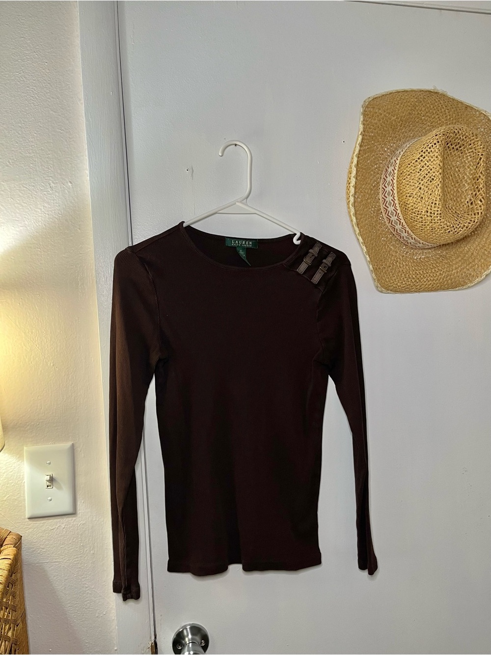 Ralph Lauren Dark Brown Long-Sleeve Crewneck Top with Shoulder Buckles
